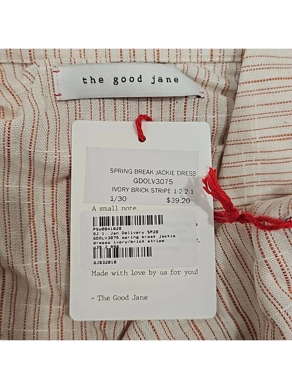 The good jane spring break Jackie linen striped tan dress in ivory/brick stripe - Picture 3 of 10